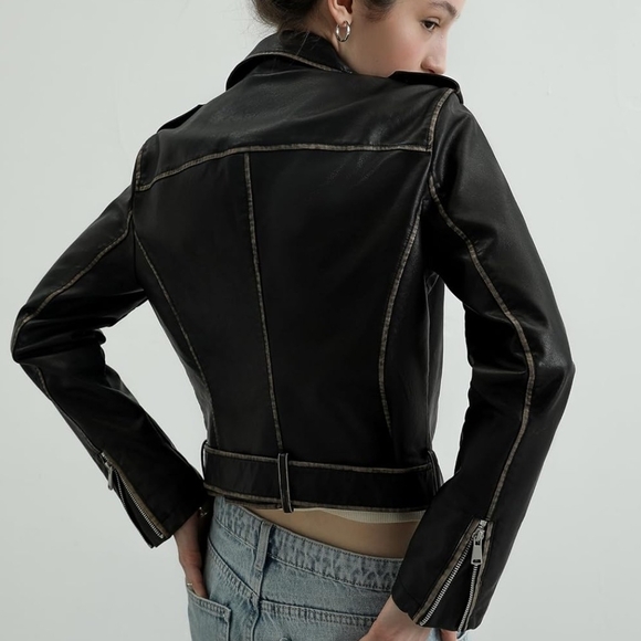 S P Y M Womens Worn Effect Faux Leather Jacket, Faded Moto Biker Coat with Belt - Picture 5 of 10